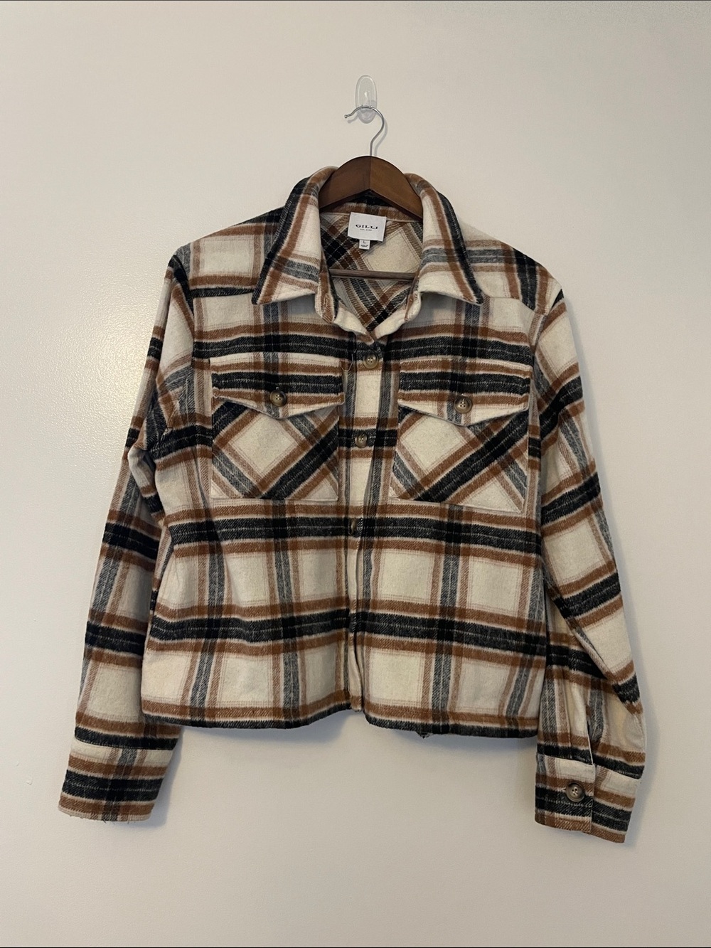 Gili Cream, Black, and Brown Plaid Brushed Slight Cropped Shacket
